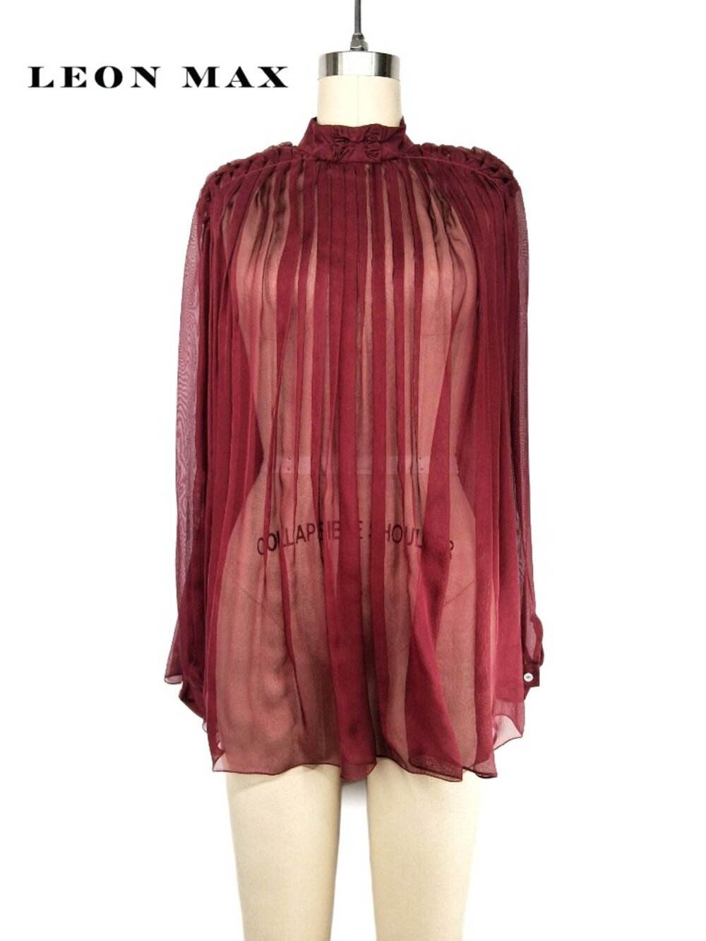 LEON MAX Silk Sheer Pleated Blouse Burgundy High Neck Long Sleeve Victorian SZ S